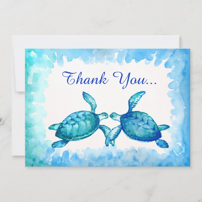 Sea Turtle Tack You Cards - Blue Teal Watercolor Kort (Framsida)