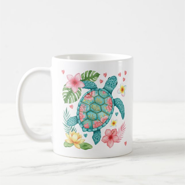 Sea Turtle Tropical Flowers, sommar Kaffemugg (Vänster)