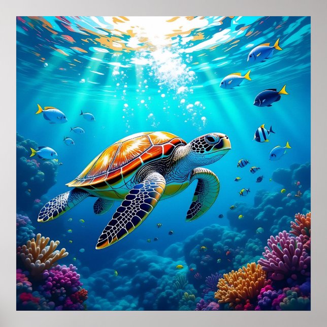 Sea Turtle Vibrant Colorful Underwater Scene Poster (Framsidan)