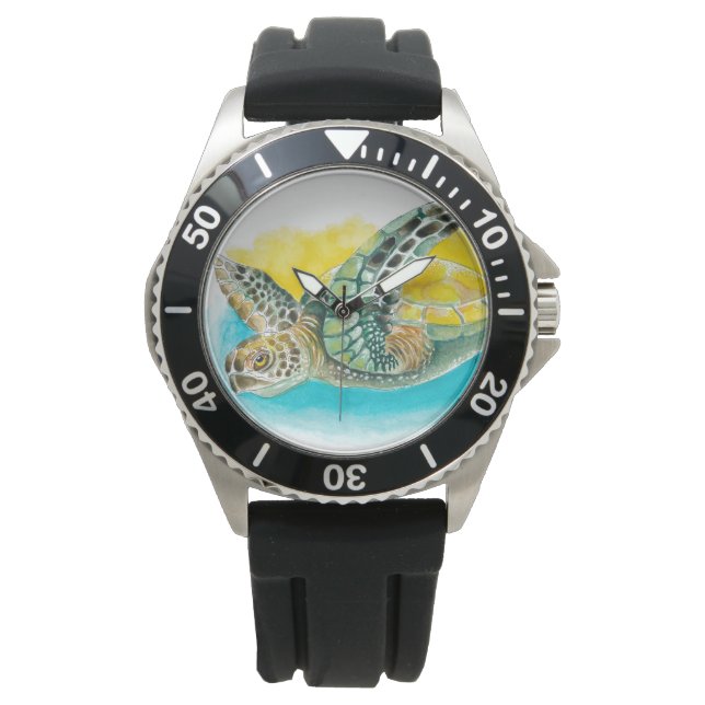 Sea Turtle Watercolor bläck Grönt Armbandsur (Framsida)