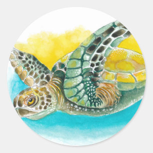 Sea Turtle Watercolor bläck Grönt Runt Klistermärke