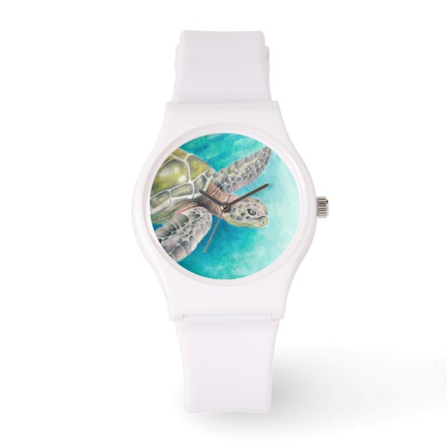 Sea Turtle Watercolor Grönt Armbandsur (Framsida)