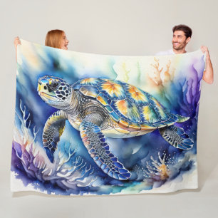 Sea Turtle Watercolor Painting Fleece Blanket