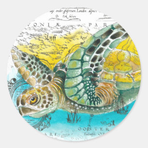 Sea Turtle Watercolor Vintage Karta vit Runt Klistermärke