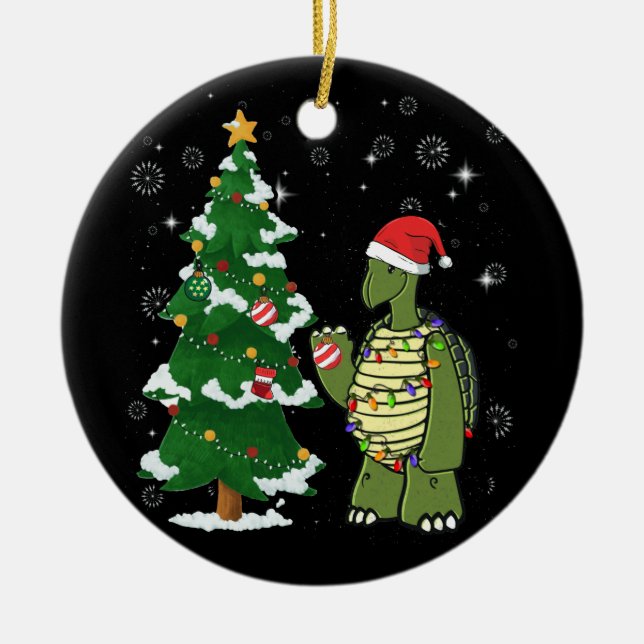 Sea Turtle Wearing Santa Hat God jul Julgransprydnad Keramik (Framsidan)