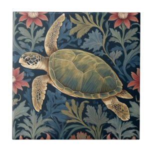Sea Turtle William Morris stil Hawaiian Tropical Kakelplatta