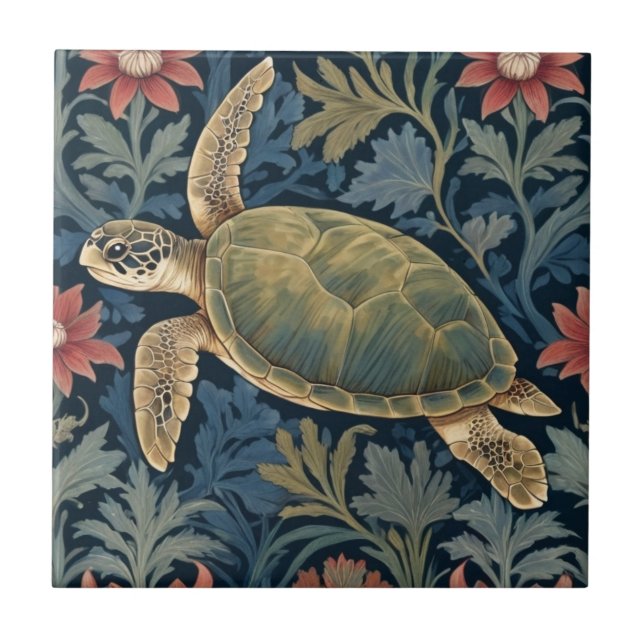 Sea Turtle William Morris stil Hawaiian Tropical Kakelplatta (Framsidan)