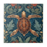Sea Turtle William Morris stil Ocean Life Blommigt Kakelplatta<br><div class="desc">"classy Classic art nouveau",  "sage grönt sea turtle",  "hawaiian sea marine animals",  "william morris ceramic tile tile",  "blue water vatten life",  "sea Ocean mörk navy red",  "vintage snyggt shore life",  "nautical wildlife vild animals",  "hawaii tropiska blommigten botanical",  "Traditional strand kusten" antik"</div>