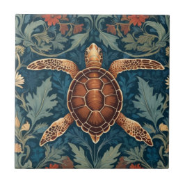 Sea Turtle William Morris stil Ocean Life Blommigt Kakelplatta