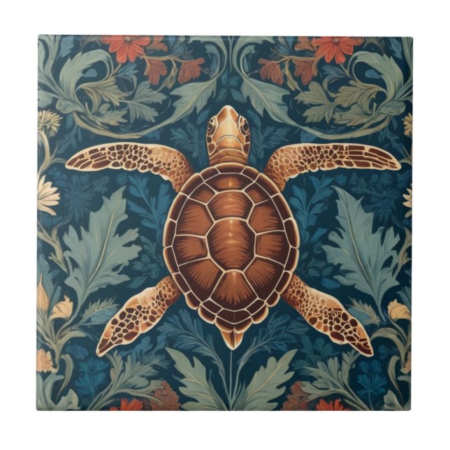 Sea Turtle William Morris stil Ocean Life Blommigt Kakelplatta (Framsidan)