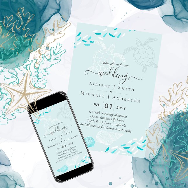 Sea Turtles Beach Wedding Turcos Teal Inbjudningar (Skapare uppladdad)