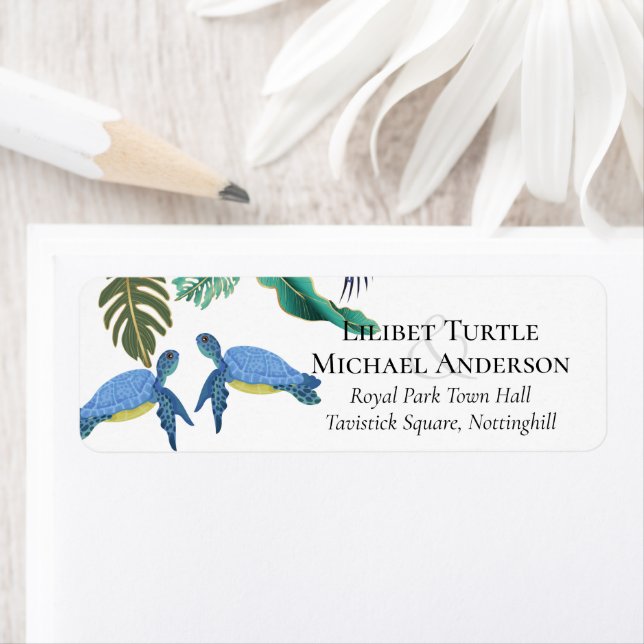 Sea Turtles Bröllop Blue Gult Returadress Etikett (Insitu)