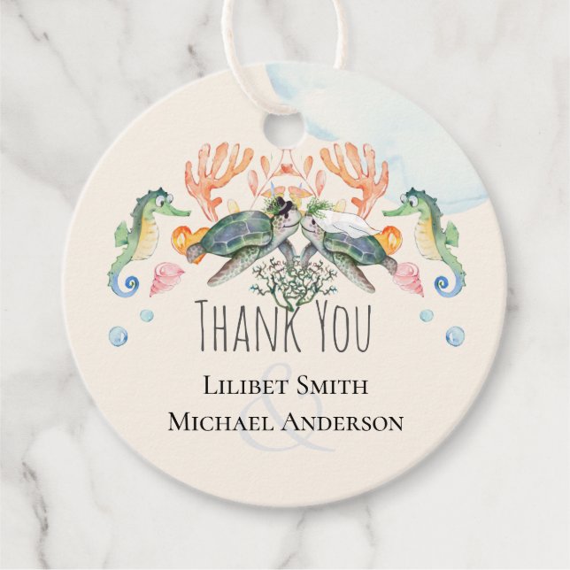 Sea Turtles Bröllop med brider och Groom Favo Gåvor Etiketter (Framsida)
