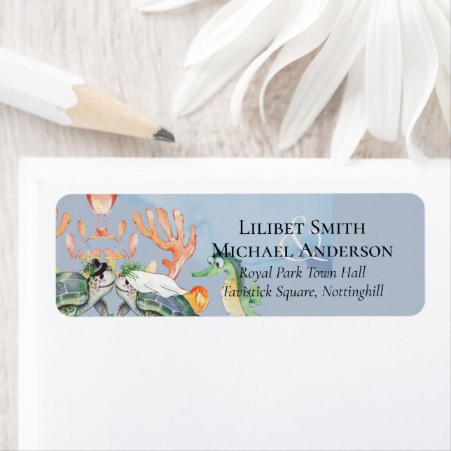 Sea Turtles Bröllop med havsbotten och groom Returadress Etikett (Insitu)