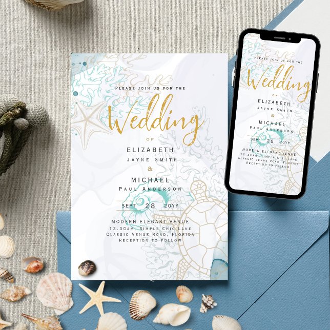 Sea Turtles Ocean Life Beach Teal Bröllop Inbjudningar (Skapare uppladdad)