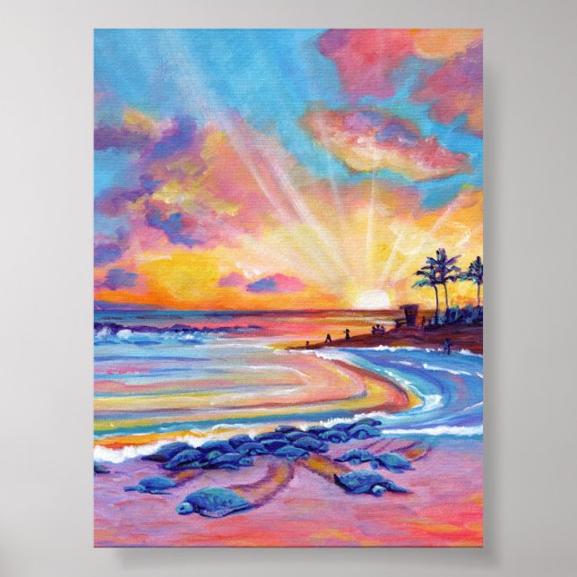 Sea Turtles vid Poipu Beach Kauai vid Sunset Poster (Framsidan)