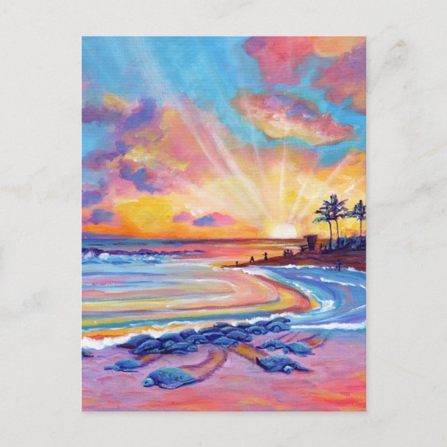 Sea Turtles vid Poipu Beach Kauai vid Sunset Vykort (Framsida)