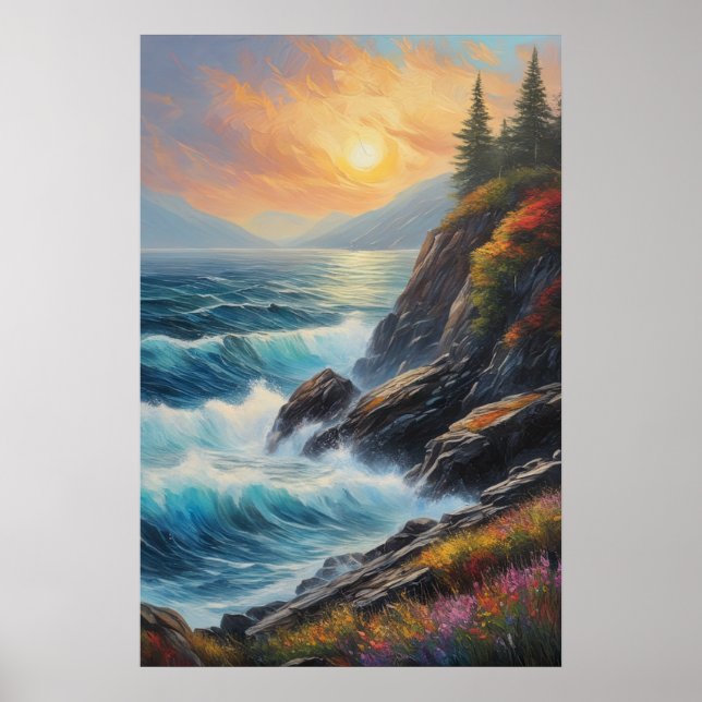 Sea Vågar Dancing on Rocky Shores Poster (Framsidan)