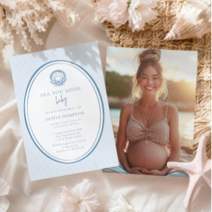 Sea You Soon Baby Coastal Blue Foto Baby Shower  Inbjudningar