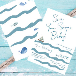 Sea You Soon Baby Nautical Waves Blue Boy Shower Inbjudningar