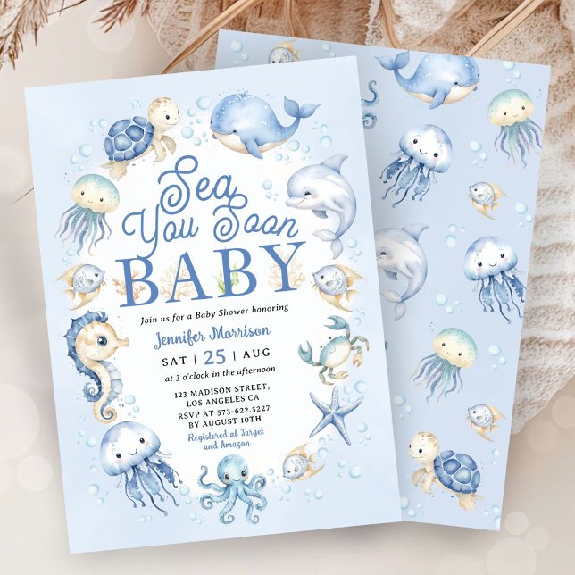 Sea You Soon Baby Shower Boy Blue Ocean Animals Inbjudningar (Skapare uppladdad)