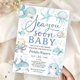 Sea You Soon Baby Shower Pojke Dammig Blå Ocean Inbjudningar