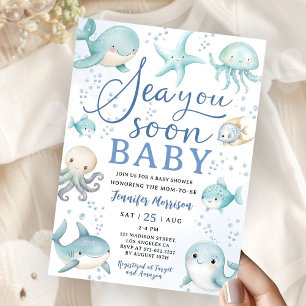 Sea You Soon Baby Shower Pojke Dammig Blå Ocean Inbjudningar