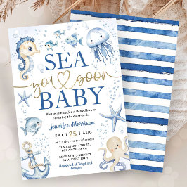 Sea You Soon Baby Shower Pojke Navyblå Ocean Inbjudningar