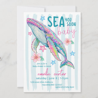 Sea You Soon Baby Shower Whale Coastal Ocean Beach Inbjudningar