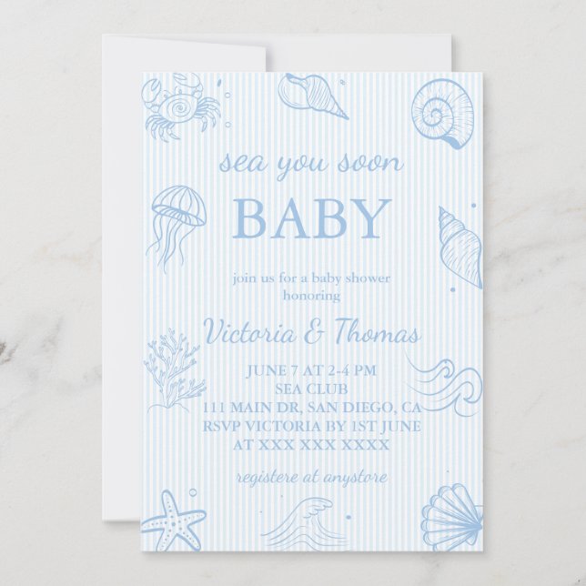 Sea You Soon Blå Babyfirande Inbjudningar (Framsida)