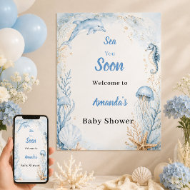 Sea You Soon Blå Välkommen Baby Shower Poster