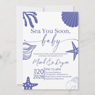 Sea You Soon Blue Scallop Shell Boy Baby Shower Inbjudningar