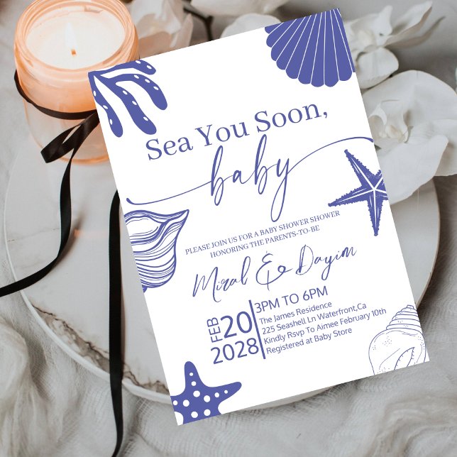 Sea You Soon Blue Scallop Shell Boy Baby Shower  Inbjudningar (Skapare uppladdad)
