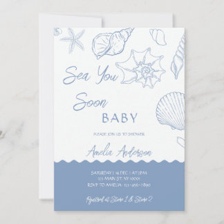 Sea You Soon Coastal Shells Blue Baby Shower Inbjudningar