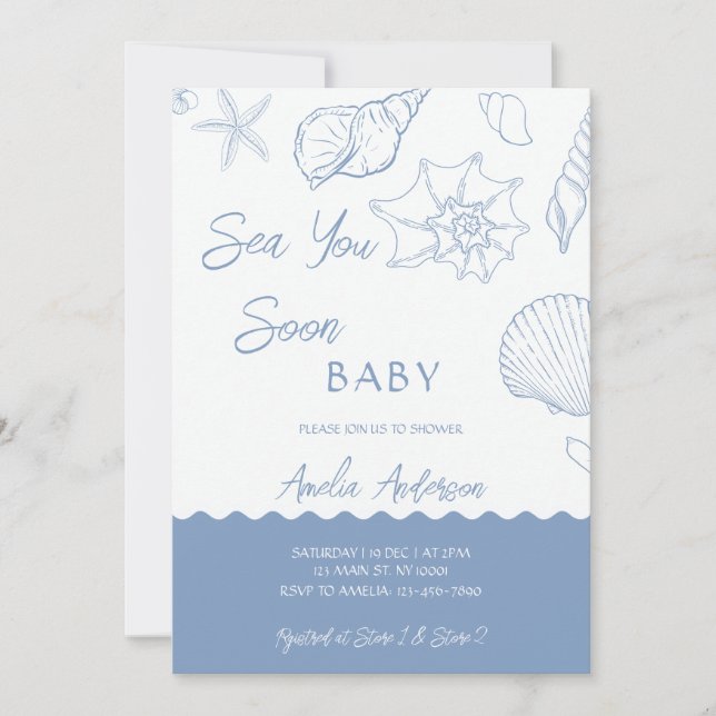 Sea You Soon Coastal Shells Blue Baby Shower Inbjudningar (Framsida)