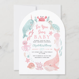 Sea You Soon Cute Ocean Animals Girl Baby Shower  Inbjudningar