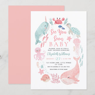 Sea You Soon Cute Ocean Animals Girl Baby Shower Inbjudningar