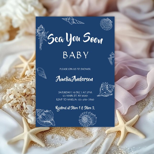 Sea You Soon Navy Seashell Nautical Baby Shower Inbjudningar (Skapare uppladdad)
