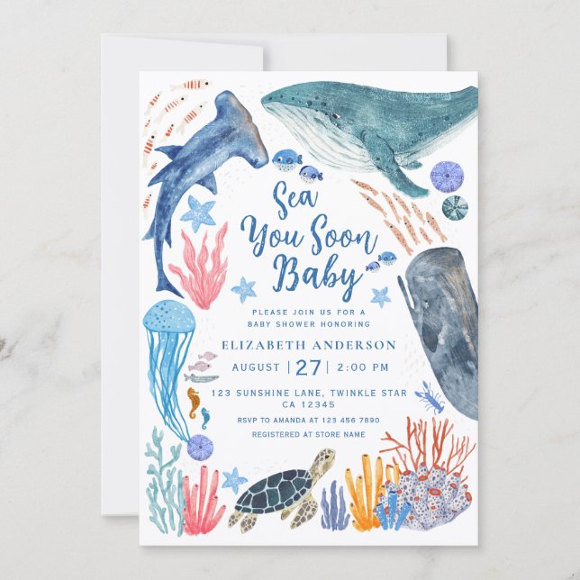 Sea You Soon Ocean Animals Boy Baby Shower Invitat Inbjudningar (Framsida)