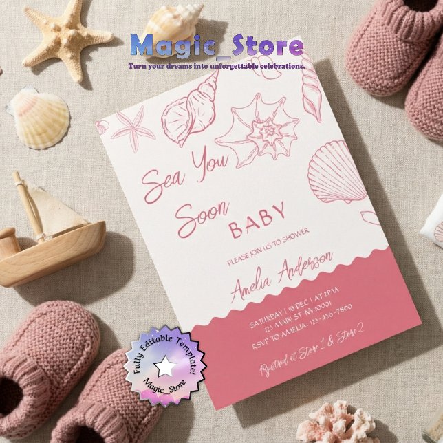 Sea You Soon Pink Seashells Coastal Baby Shower Inbjudningar (Skapare uppladdad)