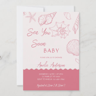 Sea You Soon Pink Seashells Coastal Baby Shower Inbjudningar