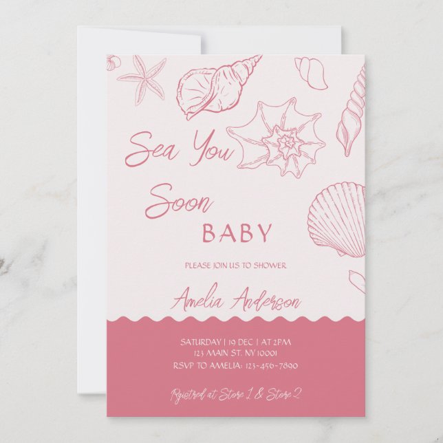 Sea You Soon Pink Seashells Coastal Baby Shower Inbjudningar (Framsida)