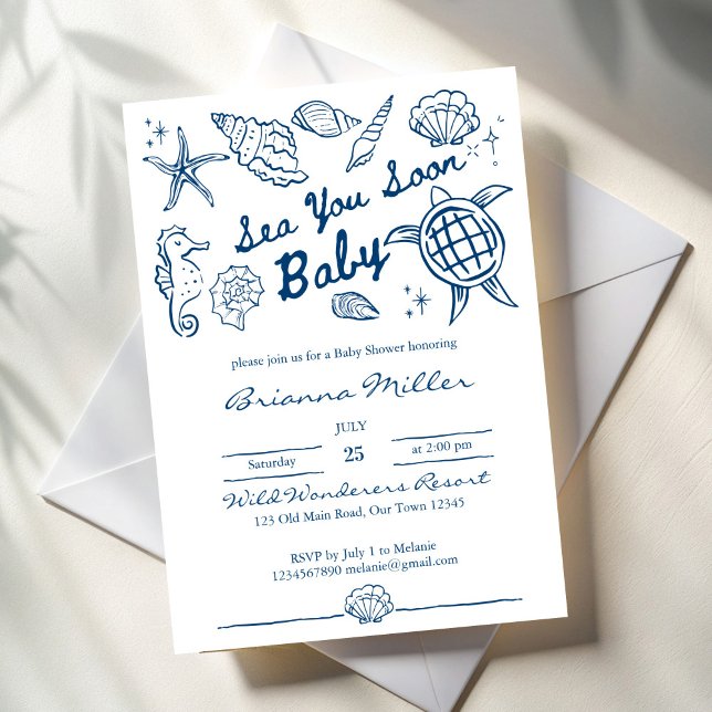 Sea you soon seashells beach boy baby shower inbjudningar (Sea you soon seashells beach blue boy baby shower invitation cards template sea turtle hand drawn)