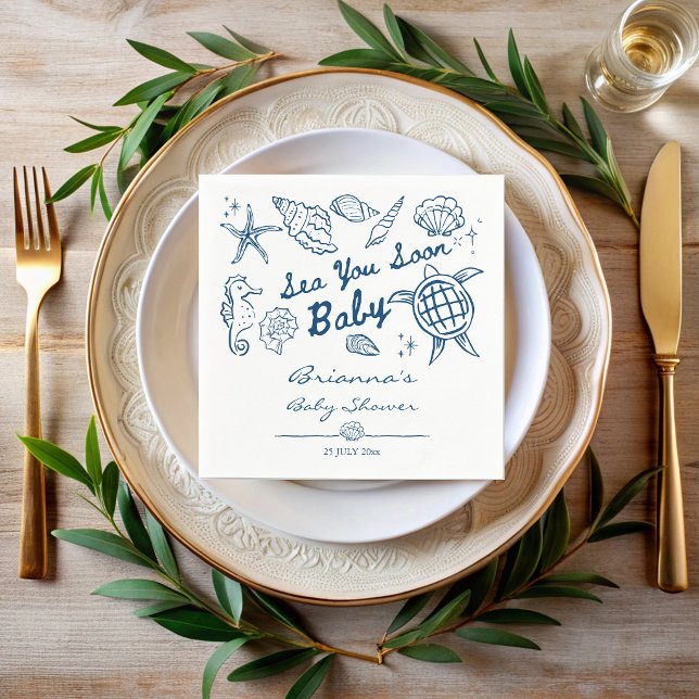 Sea you soon seashells beach boy baby shower pappersservett (Sea you soon blue hand drawn seashells beach seaside boy baby shower personalized printed napkins)