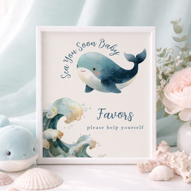 Sea You Soon Whale Ivory Baby Shower Favors Sign Poster (Skapare uppladdad)