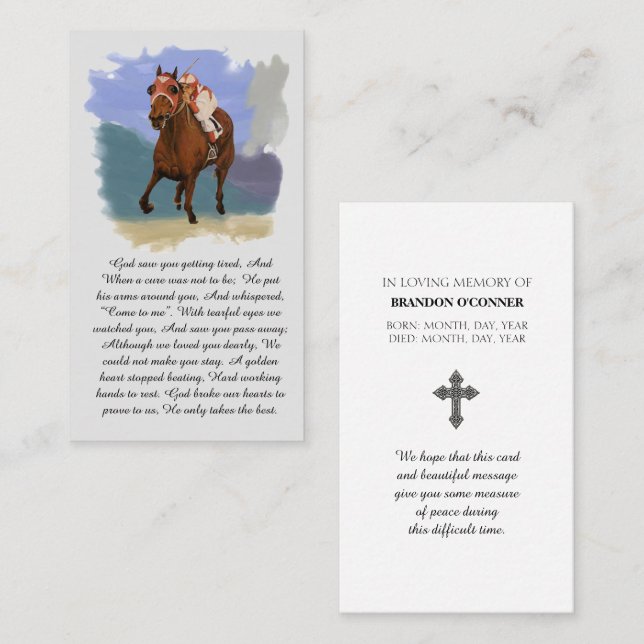 Seabiscuit Racehorse Memorial Blessing Prayer Card Visitkort (Fram/baksida)