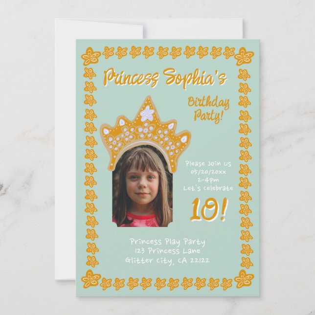 Seafoam Aqua Princess Crown Floral Photo Birthday Inbjudningar (Framsida)