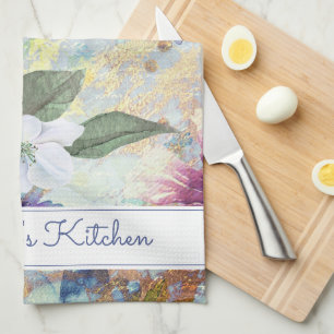 Seafoam blue blommigt vattencolor, anpassad name v kökshandduk