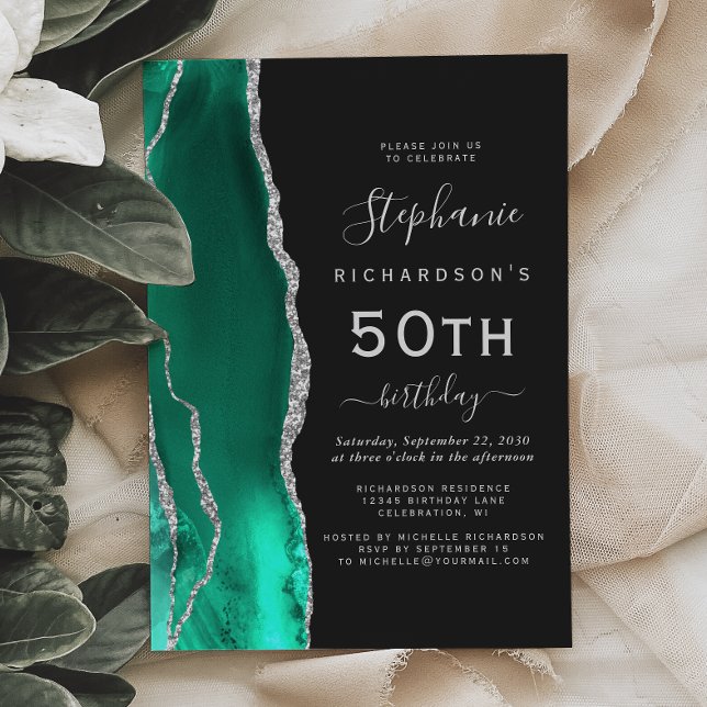 Seafoam Grön Silver Agat Mörk 50-årsdag Inbjudningar (Skapare uppladdad)
