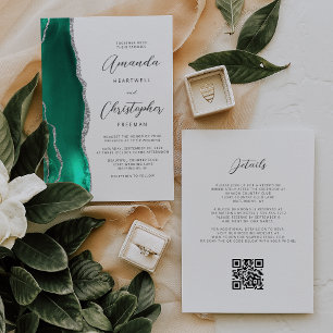 Seafoam Grönt Silver Agate QR Code Bröllop Inbjudningar